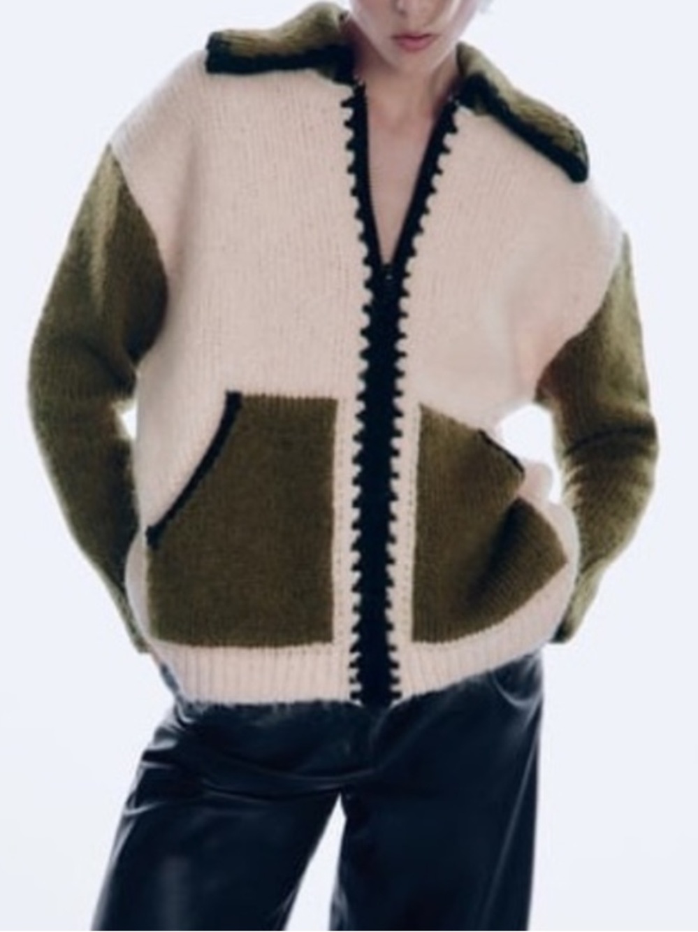 Zara Combination Knit Cardigan Sweater Front Zipper Size Medium